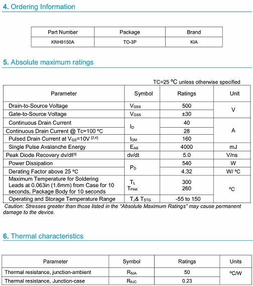 KNX9150A?MOS管 40A500V參數詳情 原廠直銷 價格優(yōu)勢-KIA MOS管